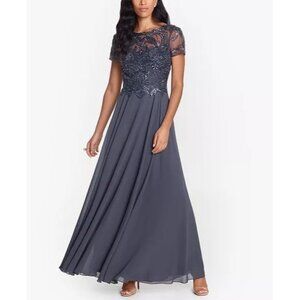 XSCAPE Womens Size 8 Gray Beaded Sequin Embellished Chiffon Formal Gown Dress